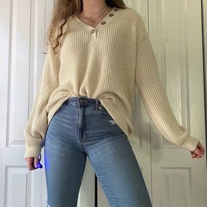 ADORABLE COZY FALL SWEATER CREAM WHITE SHOP WANNA B BROWN BUTTON UP SIZE LARGE